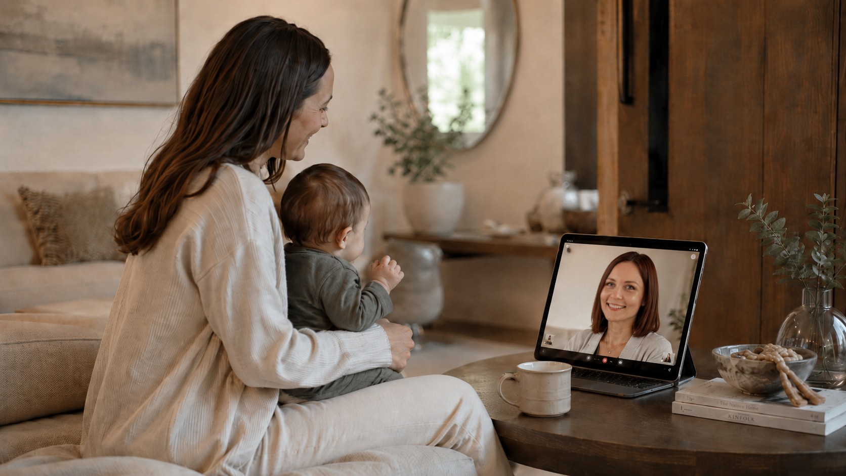 Mom on video call with Anna for a telehealth consultation